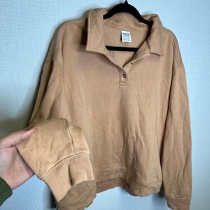 Victoria's Secret PINK Collared Snap Neck Sweatshirt Pullover Oversized Tan XXL